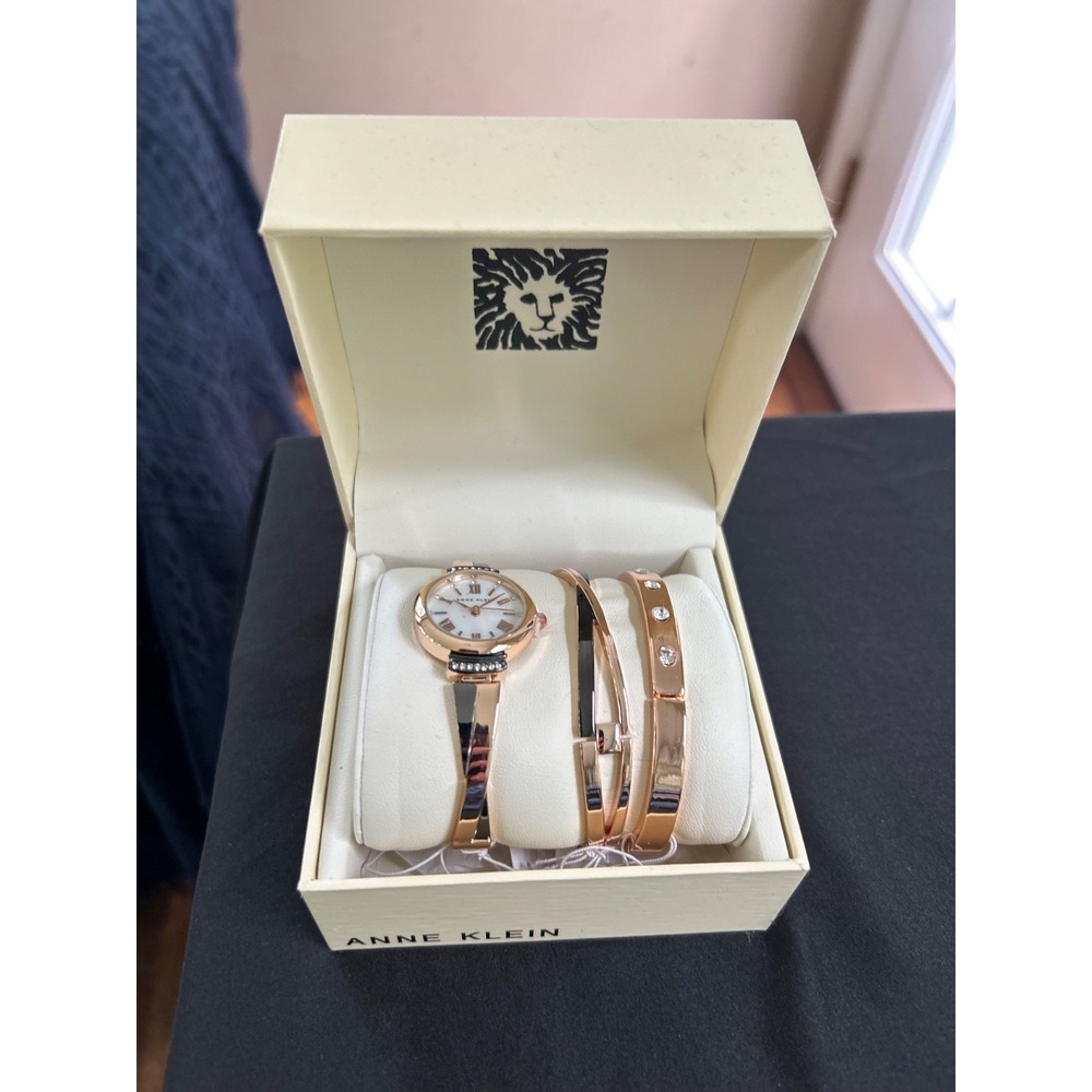 Anne Klein AK/2245GYST Rose Gold Gunmetal Crystal Watch Bracelet Set NWT Box